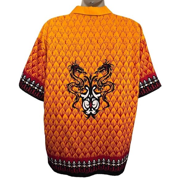 Mens Vintage Rockabilly Orange Black Embroidered Dragons Flames Button Up Shirt - Picture 2 of 7